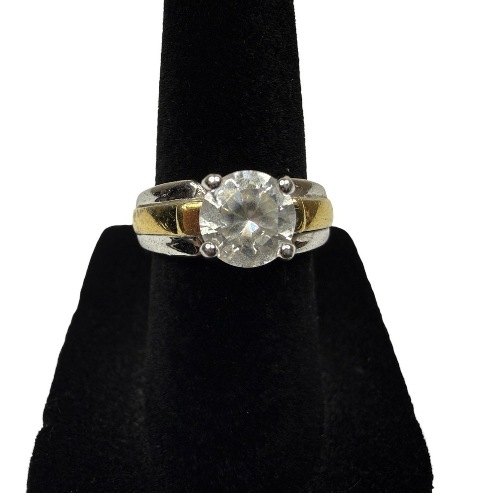 Two Tone Sterling Silver Gold Plated Krystal Princess Solitaire Ring Size 5